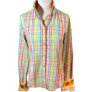 Andrea Becker Blouse Size M Colorful Plaid Embroidery Floral Cotton